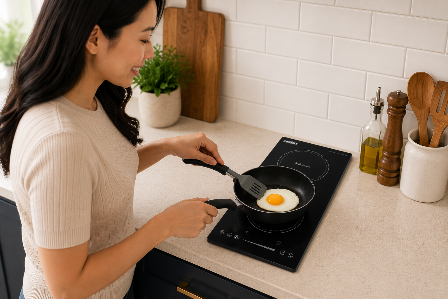 Woman using cooktop