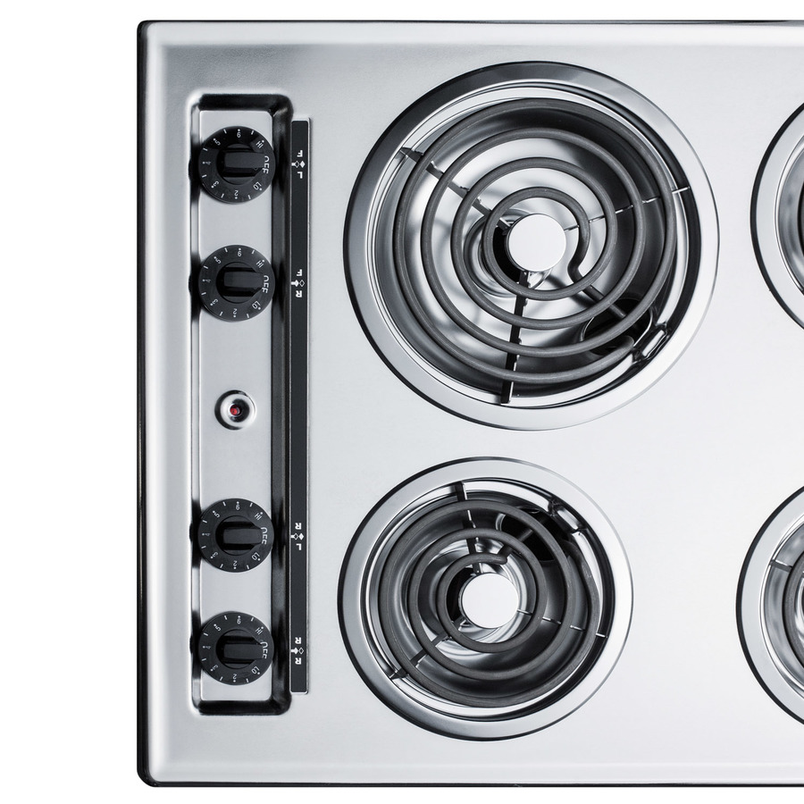 Summit WEL03 24 Inch Electric Cooktop with 4-Coil Elements, Porcelain  Surface, 8-Inch Burner, Three 6-Inch Burners, Push-to-Turn Controls,  Recessed Top, Chrome Drip Pans, 220-240V Operation, and UL Listed: White