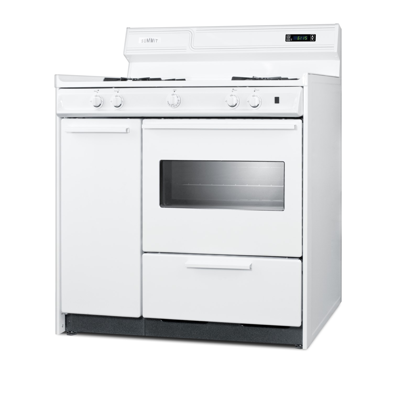 Deluxe white gas range with electronic ignition, clock/timer, and oven window with light in 36'