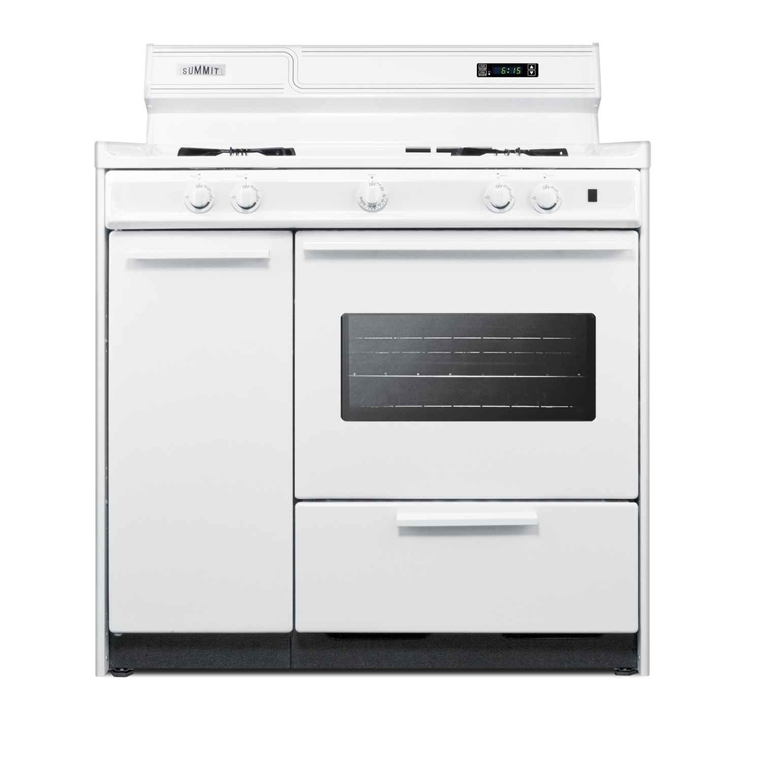 Deluxe white gas range with electronic ignition, clock/timer, and oven window with light in 36'