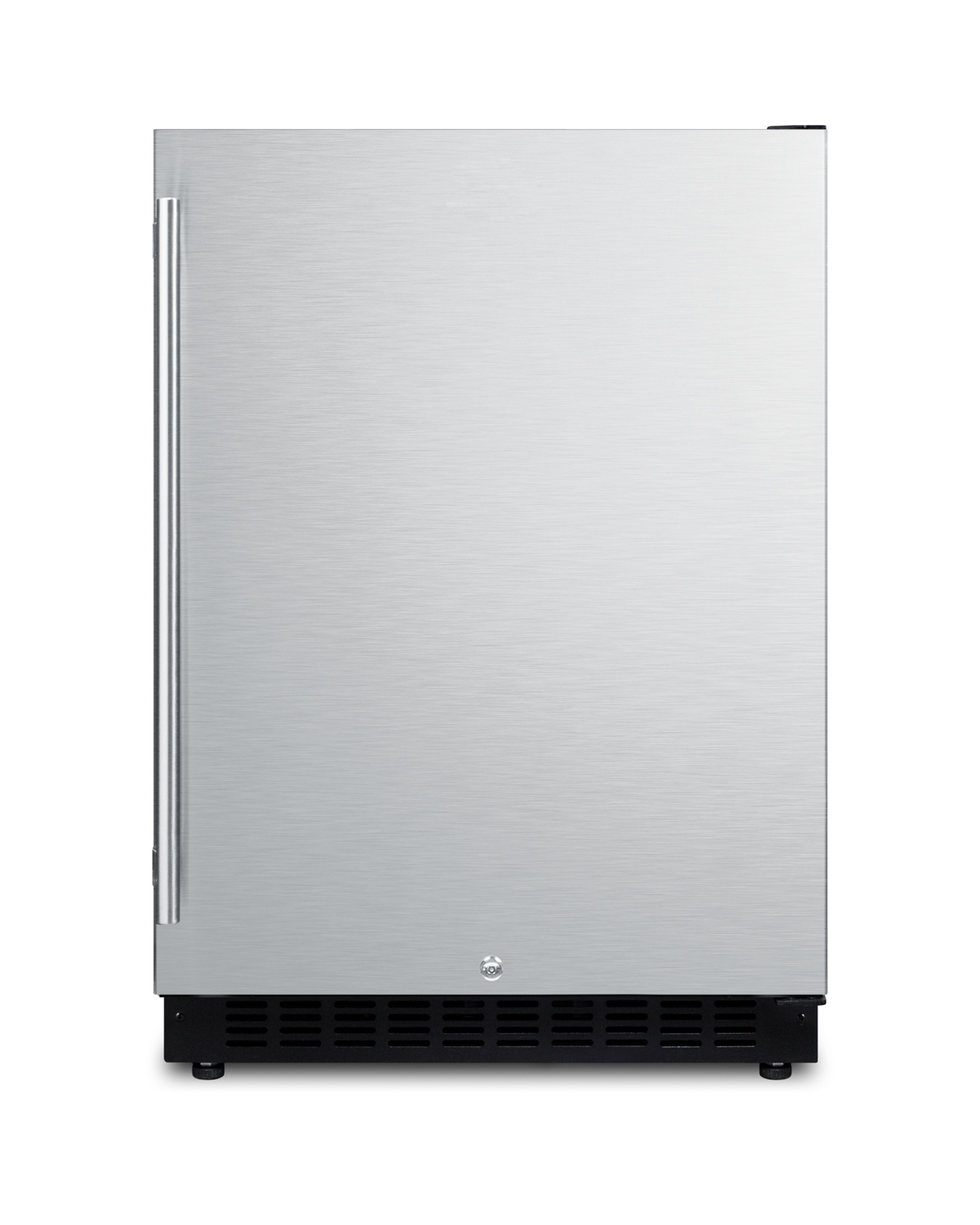 Built-in undercounter ADA compliant all-refrigerator with stainless steel exterior, door storage, lock, and digital controls