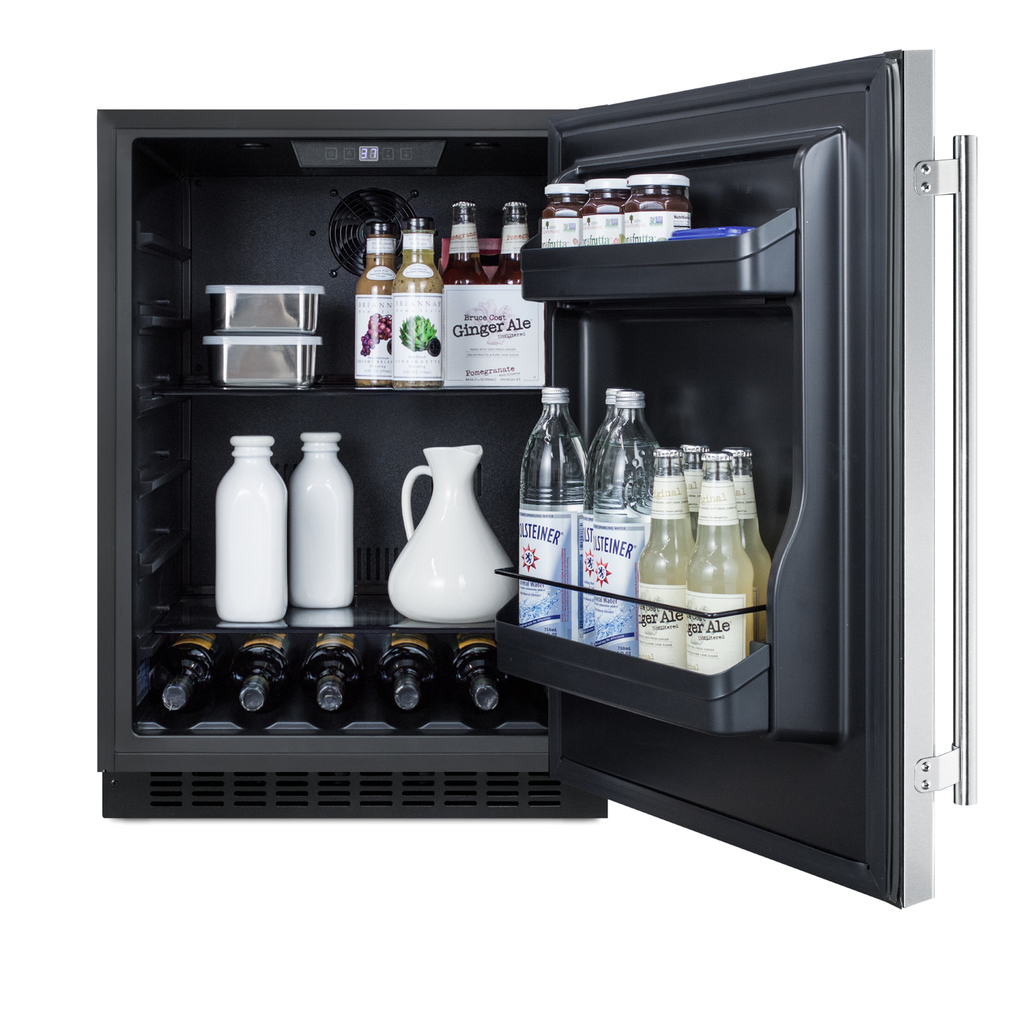 Built-in undercounter ADA compliant all-refrigerator with stainless steel exterior, door storage, lock, and digital controls