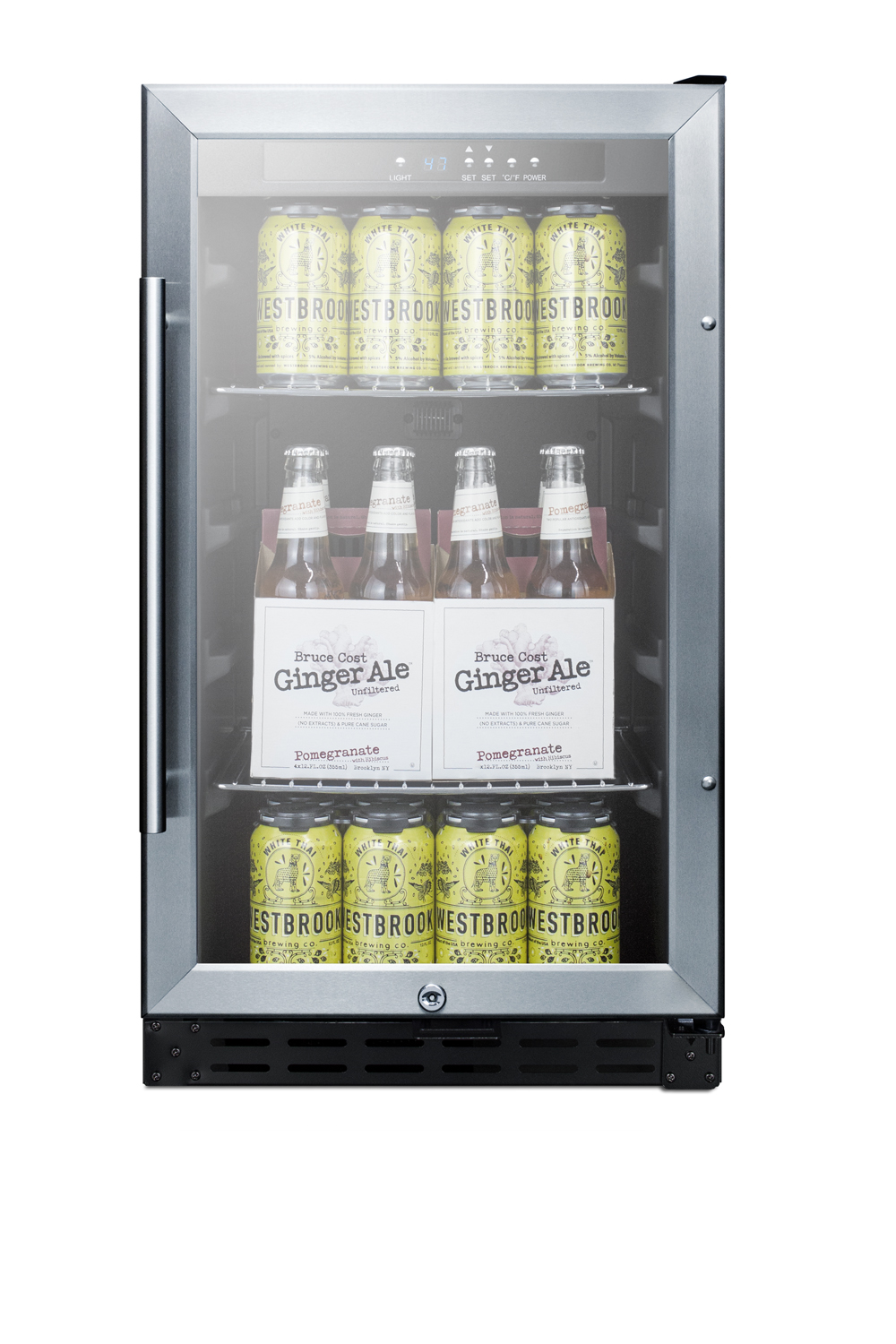 18' wide ADA compliant built-in undercounter glass door refrigerator with stainless steel wrapped cabinet, lock, and digital thermostat