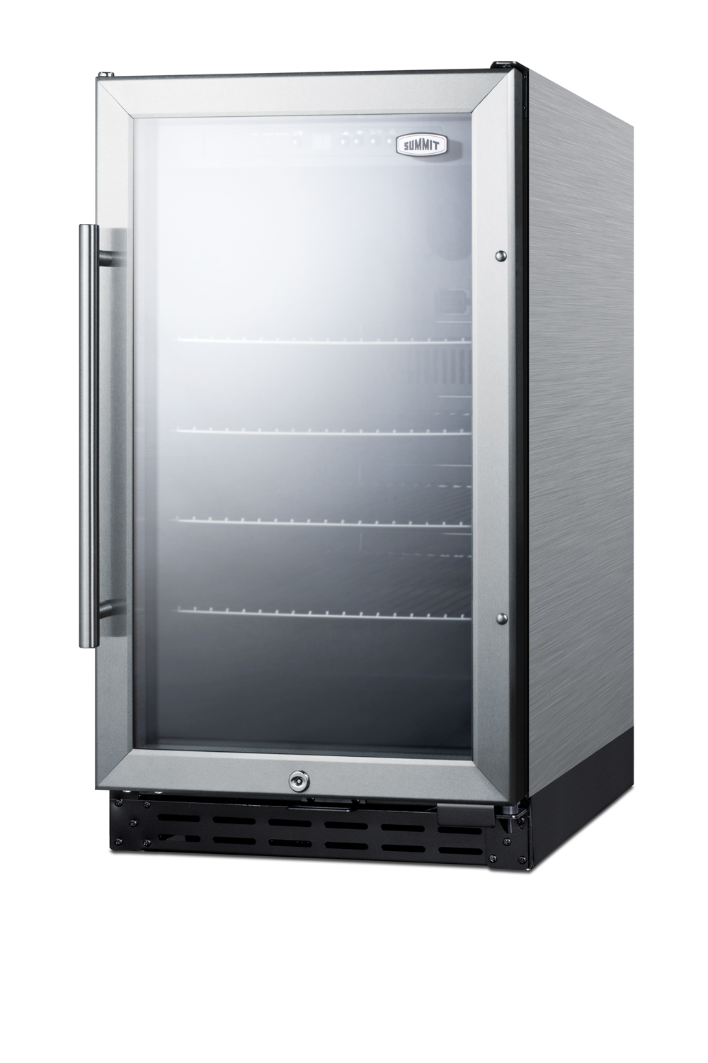 18' wide ADA compliant built-in undercounter glass door refrigerator with stainless steel wrapped cabinet, lock, and digital thermostat
