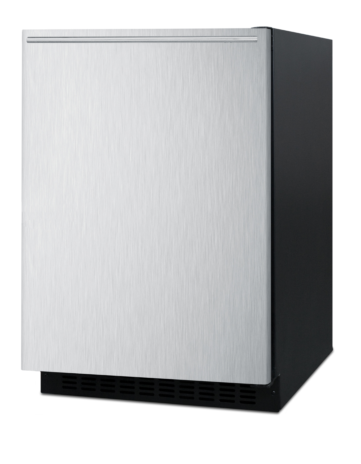 Built-in undercounter ADA compliant all-refrigerator with wrapped stainless steel door, horizontal handle, black cabinet, door storage, and digital controls