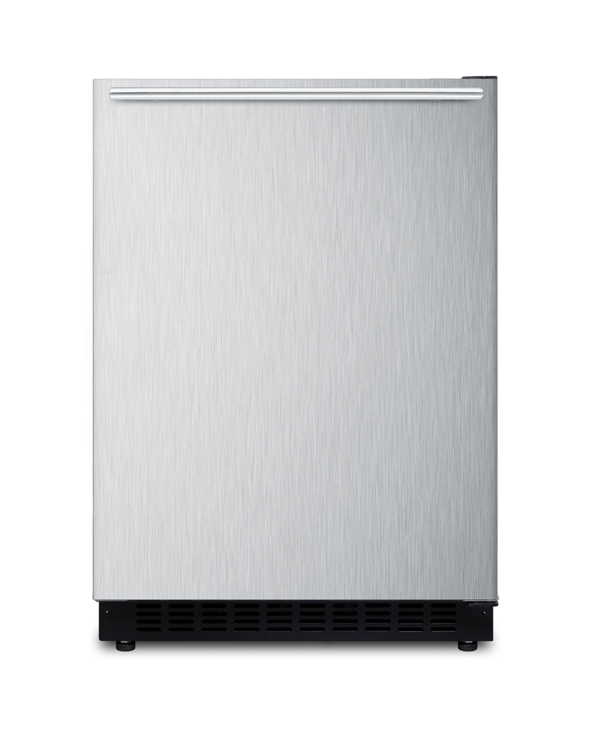 Built-in undercounter ADA compliant all-refrigerator with wrapped stainless steel door, horizontal handle, black cabinet, door storage, and digital controls