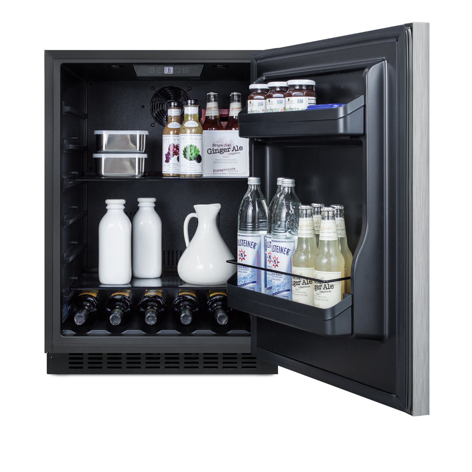 Built-in undercounter ADA compliant all-refrigerator with wrapped stainless steel door, horizontal handle, black cabinet, door storage, and digital controls