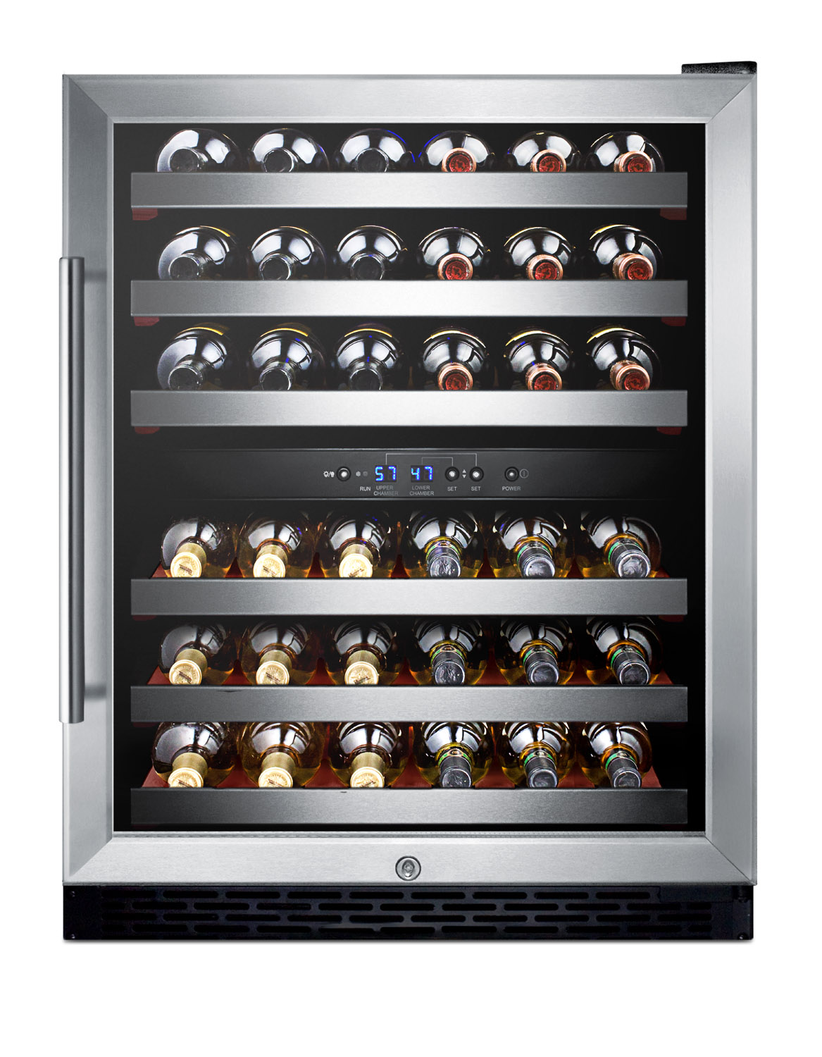 Versatile shelving holds 46 750ml Bordeaux bottles or 40 Burgundy bottles