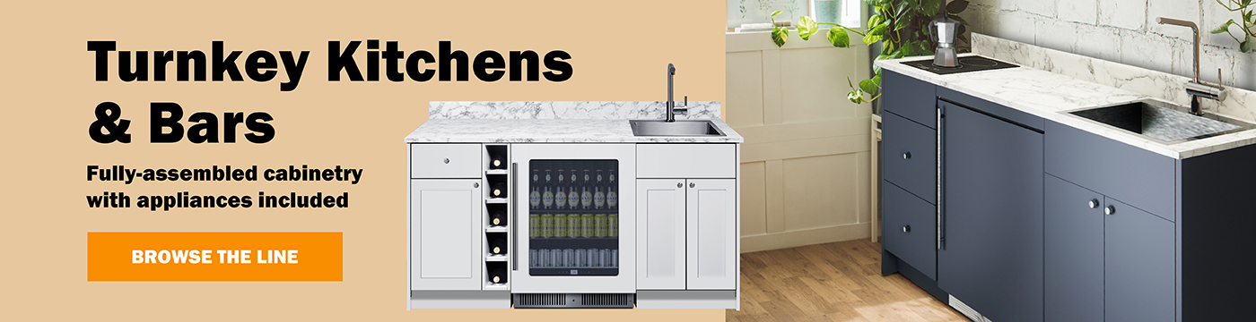 Uncover the convenience of Summit’s Turnkey Kitchens & Bars, fully assembled dry bars, wet bars, and compact kitchens featuring plug-in ready appliances and generous storage space. 